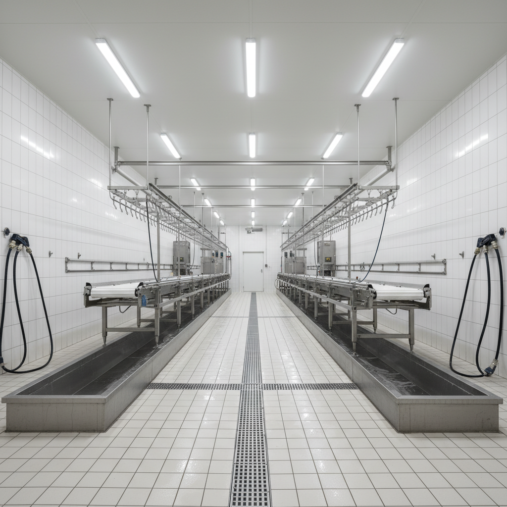A clean, technical photographic realism interior of a modern poultry processing area emphasizing industrial cleaning operations. Stainless-steel conveyor lines, hanging rails, and drainage channels run through a large, tiled room with white, easy-to-sanitize walls. High-pressure foam nozzles rest on wall hooks, and the floor gently slopes toward shining stainless floor drains free of debris. No poultry carcasses or people are present, only spotless equipment. Cool white LED strip lights in the ceiling cast uniform, shadow-free illumination, making every surface appear bright and hygienic. The camera is positioned at an eye-level angle down the length of the room, creating strong linear perspective and depth. The mood is highly professional, sterile, and controlled, reflecting specialized expertise in industrial cleaning services for poultry slaughterhouses.