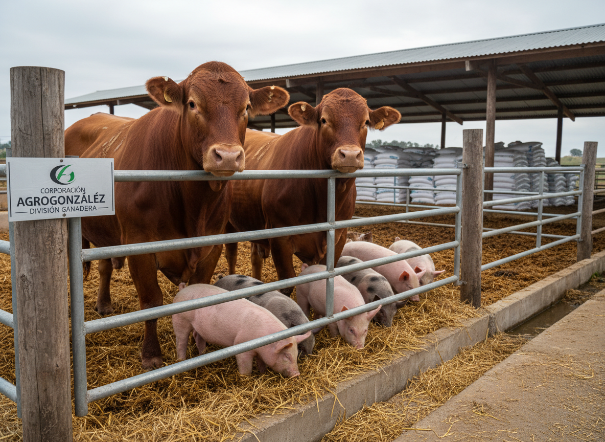 A close-up, highly detailed photographic realism image of robust beef cattle and pigs representing the livestock division of “Corporación AgroGonzález”. Two muscular, well-groomed cattle with smooth brown coats and reflective eyes stand behind a galvanized steel fence, while several clean, pink and spotted pigs forage calmly in dry, well-maintained bedding nearby. The ground is a mixture of compacted soil and straw, bordered by concrete drainage channels. In the softly blurred background, modern open-sided sheds with metal roofing and neatly stacked feed bags suggest a hygienic, efficient operation. Bright but diffused morning light from an overcast sky creates even illumination with soft shadows, emphasizing textures in fur, skin, and metal. Shot from a slightly low angle, the scene feels solid, trustworthy, and professionally managed.