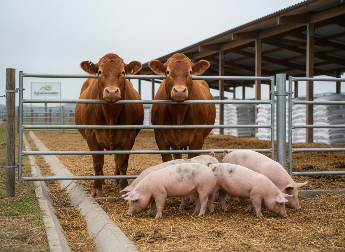 A close-up, highly detailed photographic realism image of robust beef cattle and pigs representing the livestock division of “Corporación AgroGonzález”. Two muscular, well-groomed cattle with smooth brown coats and reflective eyes stand behind a galvanized steel fence, while several clean, pink and spotted pigs forage calmly in dry, well-maintained bedding nearby. The ground is a mixture of compacted soil and straw, bordered by concrete drainage channels. In the softly blurred background, modern open-sided sheds with metal roofing and neatly stacked feed bags suggest a hygienic, efficient operation. Bright but diffused morning light from an overcast sky creates even illumination with soft shadows, emphasizing textures in fur, skin, and metal. Shot from a slightly low angle, the scene feels solid, trustworthy, and professionally managed.