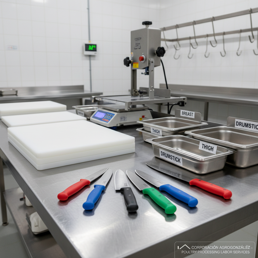 A detailed photographic realism shot of specialized tools and equipment used for poultry slaughter and deboning services, carefully arranged on a sanitized stainless-steel workbench. Gleaming boning knives with ergonomic, color-coded handles, a compact stainless-steel bandsaw, plastic cutting boards, calibrated digital scales, and labeled stainless trays are laid out in precise order. The bench surface reflects subtle highlights from overhead LED task lights, creating crisp, defined edges. In the softly blurred background, tiled walls, a wall-mounted temperature monitor, and hanging empty hooks hint at a larger processing room, but no poultry or people are visible. Captured from a slightly elevated three-quarter angle with shallow depth of field, the composition feels organized, methodical, and highly professional, communicating the technical rigor and quality standards of Corporación AgroGonzález’s poultry processing labor services.