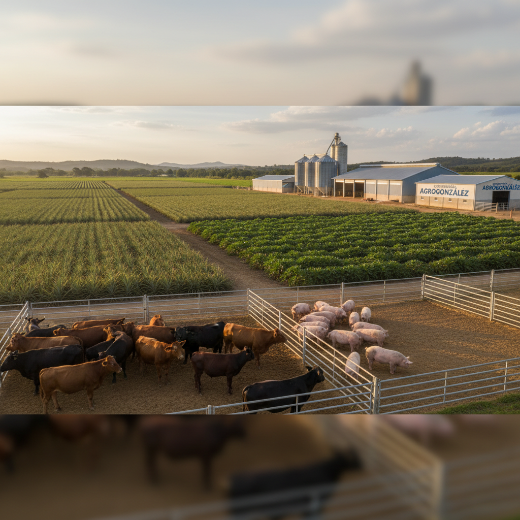 A wide, panoramic photographic realism scene of a well-organized agroindustrial farm branded as “Corporación AgroGonzález”. In the foreground, healthy beef cattle with glossy brown and black coats and robust pink-skinned pigs rest behind clean, sturdy metal fences on compacted earth. Beyond them, neat rectangular plots of pineapple plants with spiky green leaves and rows of yuca with broad foliage extend toward the horizon. Modern metal-roofed barns, grain silos, and a small packing warehouse sit mid-frame, all freshly painted in neutral industrial colors. Soft late-afternoon sunlight casts long, gentle shadows and a warm golden glow, giving a calm, professional atmosphere. Captured at eye level with sharp focus throughout, the composition uses the rule of thirds to balance livestock, crops, and infrastructure in a clean, corporate yet rural aesthetic.