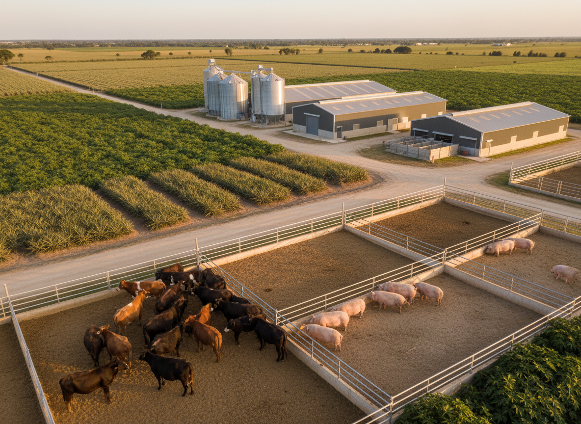 A wide, panoramic photographic realism scene of a well-organized agroindustrial farm branded as “Corporación AgroGonzález”. In the foreground, healthy beef cattle with glossy brown and black coats and robust pink-skinned pigs rest behind clean, sturdy metal fences on compacted earth. Beyond them, neat rectangular plots of pineapple plants with spiky green leaves and rows of yuca with broad foliage extend toward the horizon. Modern metal-roofed barns, grain silos, and a small packing warehouse sit mid-frame, all freshly painted in neutral industrial colors. Soft late-afternoon sunlight casts long, gentle shadows and a warm golden glow, giving a calm, professional atmosphere. Captured at eye level with sharp focus throughout, the composition uses the rule of thirds to balance livestock, crops, and infrastructure in a clean, corporate yet rural aesthetic.