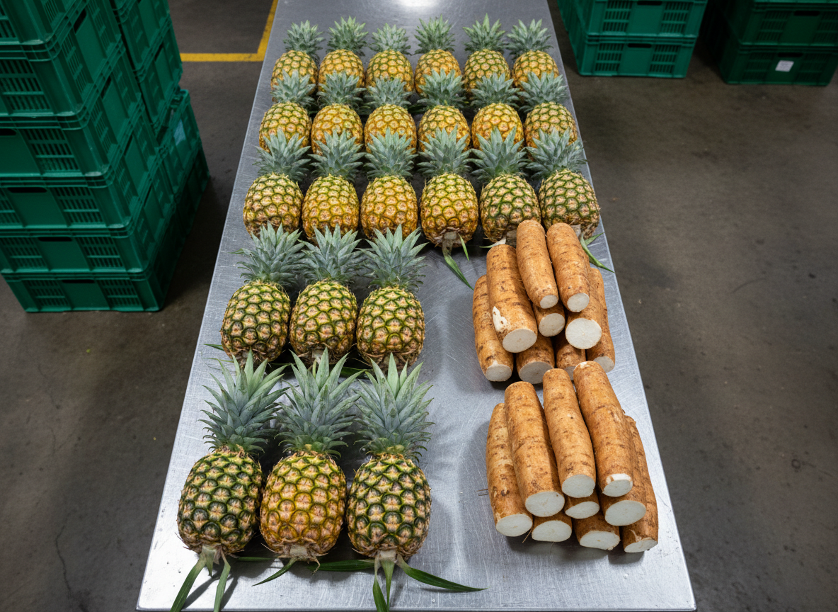 A meticulously arranged photographic realism overhead view of harvested pineapples and yuca roots freshly selected for market. On a clean, brushed stainless-steel sorting table, vibrant yellow-green pineapples with symmetrical crowns and textured diamond-pattern skin are lined up alongside freshly washed yuca roots with smooth, pale-brown bark and crisp white flesh visible at the cut ends. Subtle droplets of water gleam on their surfaces. The background shows a softly blurred glimpse of plastic field crates and a concrete packing floor, indicating an agroindustrial facility. Bright, cool-toned industrial ceiling lights create crisp highlights and minimal shadows, emphasizing cleanliness and quality control. The composition uses a centered, top-down perspective with sharp focus, conveying precision, freshness, and a modern, food-safe environment aligned with a professional agricultural brand.