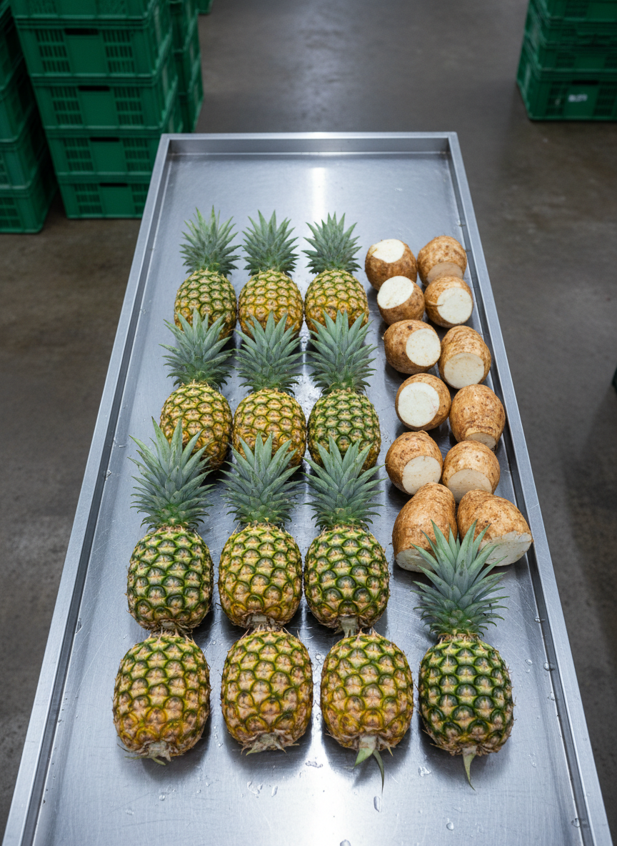 A meticulously arranged photographic realism overhead view of harvested pineapples and yuca roots freshly selected for market. On a clean, brushed stainless-steel sorting table, vibrant yellow-green pineapples with symmetrical crowns and textured diamond-pattern skin are lined up alongside freshly washed yuca roots with smooth, pale-brown bark and crisp white flesh visible at the cut ends. Subtle droplets of water gleam on their surfaces. The background shows a softly blurred glimpse of plastic field crates and a concrete packing floor, indicating an agroindustrial facility. Bright, cool-toned industrial ceiling lights create crisp highlights and minimal shadows, emphasizing cleanliness and quality control. The composition uses a centered, top-down perspective with sharp focus, conveying precision, freshness, and a modern, food-safe environment aligned with a professional agricultural brand.